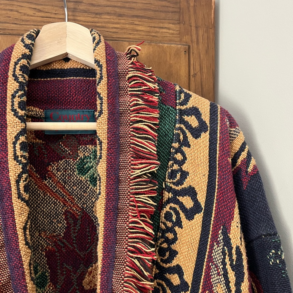 Tapestry Sunflower Floral Knit Cardigan - Green, Burgundy, Gold - Picture 3 of 4